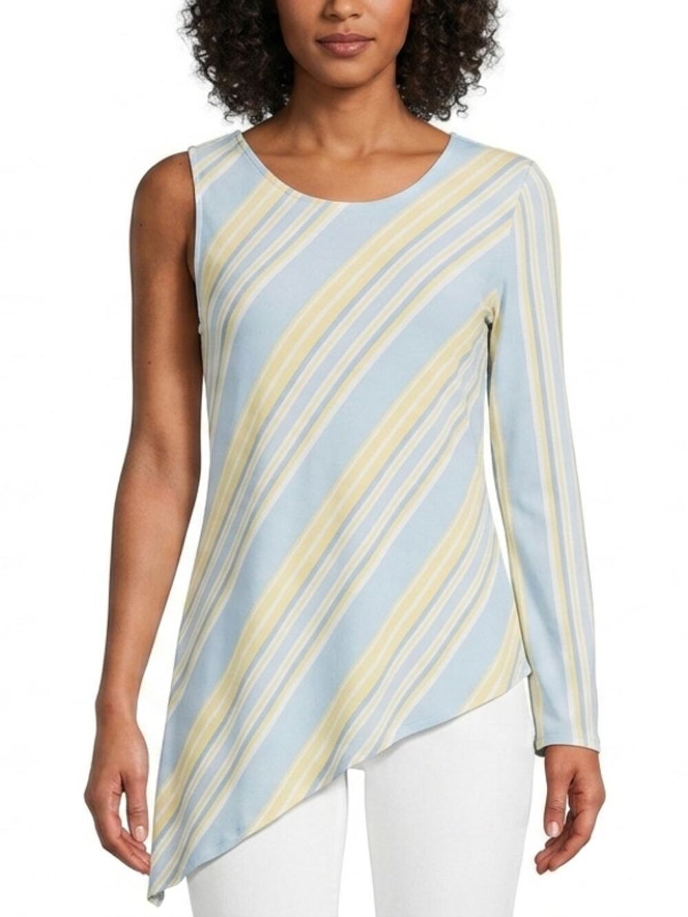 Miss California Apparel Blue Yellow Striped Asymmetrical Women See Measurements